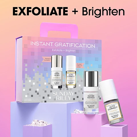 Image 1 - The image displays a Sunday Riley Instant Gratification Exfoliate + Brighten skincare gift set, including four bottles of Good Genes Lactic Acid Treatment and Auto Correct Brightening and Depuffing Eye Cream, with the main text EXFOLIATE + Brighten. Image 10 - An image showing two Sunday Riley skincare products, titled HOW TO USE, provides application instructions for GOOD GENES ALL-IN-ONE LACTIC ACID TREATMENT: Apply 1-2 Pumps to clean, dry skin as a leave-on treatment, which can be applied on top of LUNA SLEEPING NIGHT OIL, + before your moisturizer; and for AUTO CORRECT BRIGHTENING AND DEPUFFING EYE CONTOUR CREAM: Apply 1-2 Pumps throughout the day as needed, using your ring + middle fingers to lightly tap into the skin around the eye area. Image 11 - An infographic on a pink and peach gradient background displays a headline and three commitment sections with associated logos and text: the headline reads WE ARE COMMITTED to producing transformative skincare that is kind to the planet; the first section features a Certified B Corporation logo and states We are B Corp certified, which means we meet the highest standards of verified social + environmental performance; the second section shows a rePurpose Global logo and explains We’re proud to maintain our Plastic Neutral Certification! Our latest plastic recovery project collected approximately 70,000 pounds of plastic - equivalent to 1.8 million water bottles!; and the third section includes PETA and Leaping Bunny cruelty-free logos and says Our brand is proudly certified as cruelty-free by PETA + Leaping Bunny. Image 2 - A promotional image features two Sunday Riley skincare products: Auto Correct Brightening and Depuffing Eye Contour Cream in a white bottle on a lavender block, and Good Genes All-In-One Lactic Acid Treatment in a clear bottle with a silver cap on a pink block, with cream swatches and clear decorative cubes around them, accompanied by overlaid text that reads SMOOTH + Depuff, Reduces the appearance of dark circles + puffiness, Smooths the look of crows feet, Plumps fine lines + boosts radiance, Brightens the appearance of dark spots, and on the bottles, the labels also read AUTO CORRECT BRIGHTENING AND DEPUFFING EYE CONTOUR CREAM SUNDAY RILEY and GOOD GENES ALL-IN-ONE LACTIC ACID TREATMENT SUNDAY RILEY. Image 3 - A split image shows a womans face before treatment on the left, with some redness and fine lines, and after 4 weeks on the right, with smoother, less red skin, with the visible text BEFORE, AFTER 4 WEEKS, GOOD GENES. Image 4 - A split image showing a persons face before and after 1 week of skin treatment, with the before side showing more visible acne and scarring, and the after side showing clearer skin, with the text BEFORE, AFTER 1 WEEK, and GOOD GENES. Image 5 - A split image shows a persons face before and after treatment, with the left side labeled BEFORE showing skin with some redness and small blemishes, and the right side labeled AFTER 4 WEEKS showing noticeably smoother and clearer skin, with GOOD GENES visible at the bottom left. Image 6 - A two-panel image shows a close-up of a persons eye, with the top panel showing more wrinkles and the bottom panel showing significantly fewer wrinkles and smoother skin, with the visible text BEFORE, INSTANTLY, AUTO CORRECT. Image 7 - A before and after image of the skin around an eye, with the top half showing pronounced wrinkles and labeled BEFORE, and the bottom half showing smoother skin with diminished lines, labeled INSTANTLY and AUTO CORRECT. Image 8 - An image on a gradient yellow and pink background shows two slices of aloe, a long aloe leaf, a swirl of white cream, and a halved prickly pear fruit, with text that reads: KEY INGREDIENTS GOOD GENES Purified Lactic Acid Deeply exfoliates + repairs the look of dull, congested + sun damaged skin Licorice Extract Helps improve skin radiance Arnica + Prickly Pear Extract Soothe the skin Aloe Soothes + moisturizes. Image 9 - A pink background featuring slices of yellow ginseng root, dark brown coffee beans, a green leaf, and a swirl of white cream, alongside the text KEY INGREDIENTS AUTO CORRECT Caffeine Reduces the appearance of dark circles + puffiness, for a brighter-looking eye area Brazilian Ginseng Root Extract Diminishes the appearance of eye contour puffiness Horse Chestnut Extract Provides a lifted look to the eye area, smoothing the appearance of crows feet.