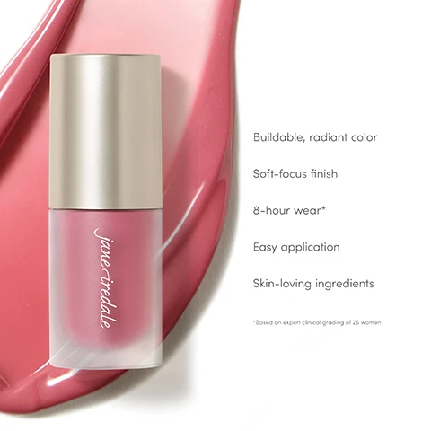 Image 1 - A pink liquid makeup bottle with a gold cap, labeled jane iredale, sits on a glossy pink swirl with text that reads: Buildable, radiant color; Soft-focus finish; 8-hour wear*; Easy application; Skin-loving ingredients; *Based on expert clinical grading of 26 women. Image 2 - A vertical stack of seven glossy cosmetic swatches, each labeled: brownish-orange cinnamon girl, pink heartbreaker, coral wild child, muted pink sugar magnolia, bright red bombshell, berry sweet jane, and shimmery purple dancing queen. Image 3 - The image displays three blush products: ColorLuxe Liquid Blush, PurePressed Blush, and Glow Time Blush, under the title Blush your way, presented in a comparative table with these details: ColorLuxe Liquid Blush has a Soft-focus FINISH, Fresh breathable FEEL, BENEFITS that deliver a healthy radiant flush and hydrate for plump lit-from-within skin, and uses a Cheek Brush as TOOLS; PurePressed Blush has a Semi-matte FINISH, Soft cushiony FEEL, BENEFITS that build easily for natural-to-dramatic looks with concentrated pigment for pops of color, and uses a Fan Brush or Cheek Brush as TOOLS; Glow Time Blush has a Dewy cream FINISH, Smooth hydrated FEEL, BENEFITS that are buildable and blendable for a natural look with a smooth hydrated feel on skin, and uses a Multiuse Blending Brush as TOOLS. Image 4 - A womans face is shown in three sections demonstrating blush intensity from sheer to medium to bold, with text labels Sheer, Medium, Bold, and Sugar Magnolia. Image 5 - The image displays three sections: the first features three green olives next to the text Squalane known for its moisturizing and skin-softening properties; the second features a castor bean and a puddle of oil next to the text Ricinus communis seed oil helps skin retain moisture for a plump, supple appearance; the third features several drops of yellow oil next to the text Antioxidant blend with Vitamin E and UV absorbers to promote a healthy complexion.