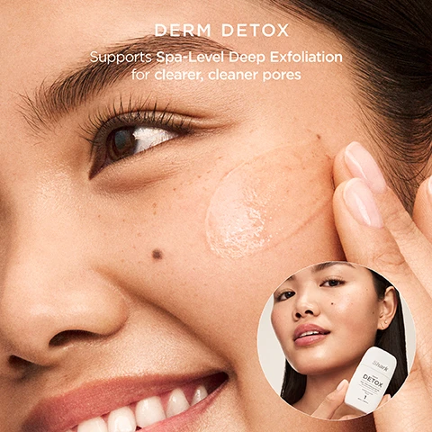 Image 1 - A smiling person applies a clear gel to their cheek, with the text DERM DETOX Supports Spa-Level Deep Exfoliation for clearer, cleaner pores, and an inset showing the person holding a white bottle labeled Shark DERM DETOX 1. Image 2 - A light blue bottle of Shark HYDRO INFUSE skincare product with a white cap stands on a pale background next to clear liquid droplets, displaying text that reads HYDRO INFUSE Hyaluronic Acid (HA) helps infuse skin with vital hydration for lasting plumpness and luminosity Shark HYDRO INFUSE SKIN HYDRATOR Rehydrates & retains water Improves skin texture & elasticity Boosts skins protective barrier 2 50 mL / 1.69 fl.oz.