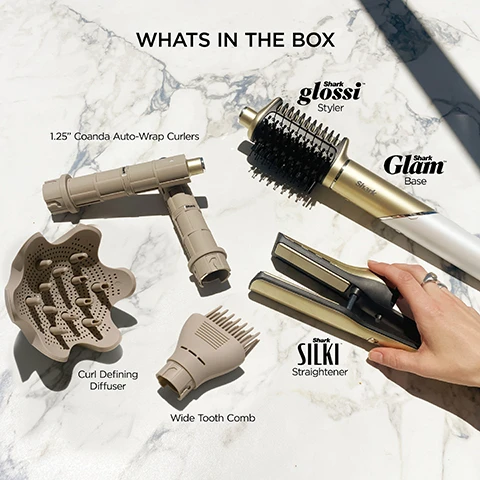 Image 1 - The image displays various Shark hair styling tools on a marble surface, with text stating WHATS IN THE BOX and labels for each item: a Shark glossi Styler, a Shark Glam Base, 1.25 inch Coanda Auto-Wrap Curlers, a Curl Defining Diffuser, a Wide Tooth Comb, and a Shark Silki Straightener. Image 10 - A split image shows a woman with long, straight, shiny black hair on the left, labeled Shark SILKI Straightener, and the same woman with long, voluminous, wavy black hair on the right, labeled Shark GLOSSI Styler. Image 11 - A three-panel image showing a woman with blonde hair styled three ways: curly on the left with the text Shark Glam + Diffuser Attachment, straight in the middle with the text Shark SILKI Straightener, and wavy on the right with the text Shark glossi Styler. Image 12 - A person with dark skin and long dark hair, with part of their hair already straightened, uses a gold and black styling tool on a section of their curly hair, with text on the left describing how to use it: HOW TO USE Shark SILKI 1 Rough dry until 70% dry. Fully detangle with a wide-tooth comb or brush, before sectioning hair. 2 Switch to Wet Mode. Position ceramic plates towards your roots with airflow pointing down to dry and straighten at the same time. 3 Finish and touch-up with Gloss Lock. Switch to Dry Mode and pass through completely dry hair. Image 13 - A person uses a gold and black Shark glossi hair styling tool to straighten a section of their dark, curly hair, accompanied by instructions titled HOW TO USE Shark glossi, which read: 1 Rough dry until 70% dry. Fully detangle with a wide-tooth comb or brush, before sectioning hair. 2 Switch to Wet Mode. Take a small section of hair and position the bristles underneath, close to the roots. Rotate UP and AWAY, while brushing through each section. Passing through both ceramic plates and bristles. 3 Finish and touch-up with Gloss Lock. Switch to Dry Mode and rotate away through both ceramic plates and bristles to add body, bounce, and shine. Image 14 - A split image shows a woman with dark hair using a gold and black styling tool, with the left panel illustrating Wet Mode Thoroughly dry and style slightly damp hair as she brushes through damp hair, and the right panel illustrating Dry Mode Lock in glossy shine with heat-controlled ceramic plates on dry hair as she smooths her hair to a glossy finish. Image 15 - A silver and gold hair styling wand is shown with labeled controls for Cool Shot, Airflow, Temperature, Wet Mode, Dry Mode, and Filter Cover, accompanied by text instructions to Clean filter regularly. Slide cover down & wipe with a dry cloth or clean toothbrush, and insets on the right illustrate how to Rotate to Dryer, Pull down the latch below the hinge and rotate top of wand to the left, and Attach Accessory, Line up the outline arrow on accessory with solid arrow on back of wand. Insert & twist left so the solid arrows align and parts click into place. Image 2 - A split image shows a woman with voluminous curly hair on the left and the same woman with straight, shiny hair on the right, with text Shark SILKI High-shine, silky straightening, BEFORE, and AFTER. Image 3 - A close-up shows a dark gold and black hair straightener clamping a section of sleek, dark hair, with text below reading Ultra-fast wet or dry straightening with a smooth, high-gloss finish for all hair types. Image 4 - A before and after image shows a woman with blonde curly hair, appearing less defined and slightly frizzy on the left, and more voluminous and distinctly defined on the right, with the visible text Shark Glam + CURL DEFINING DIFFUSER, Define curls & coils without the frizz, BEFORE, and AFTER. Image 5 - A gold Shark hair dryer brush with black bristles is shown styling glossy, highlighted blonde and brown hair against a light background, with the visible text Maximum glossy blowouts without the frizz on wet or dry hair.* and *Shine/frizz vs. air-drying. Image 6 - A side profile shot of a woman with long, straight, dark, glossy hair against a light background features a gold icon that reads GLOSS 24 HR glossy shine LOCK, and the words Heat-controlled ceramic plates seal in glossy shine on dry hair. Image 7 - The image displays two women demonstrating different Shark hair stylers, with descriptive text for each: on the left, a woman with long straight hair holds a gold flat iron, labeled Shark SILKI Wet Mode Dry + Straighten Dry Mode Restyle + Gloss; on the right, a woman with voluminous hair holds a gold hot air brush, labeled Shark glossi Wet Mode Stretch + Volumize Dry Mode Shape + Smooth. Image 8 - The image shows a split screen with a womans before and after hair, displaying her long straight red hair on the left before styling and long voluminous wavy red hair on the right after styling, with the text Shark Glam + COANDA AUTO-WRAP CURLERS, Bouncy, perfect curls in minutes, BEFORE, and AFTER. Image 9 - A split image shows a Black woman before and after using a hair tool, with her hair on the left being voluminous and curly, and on the right appearing stretched and lengthened, accompanied by the text Shark Glam + WIDE TOOTH COMB, Gently stretch & lengthen textured hair, BEFORE, and AFTER.