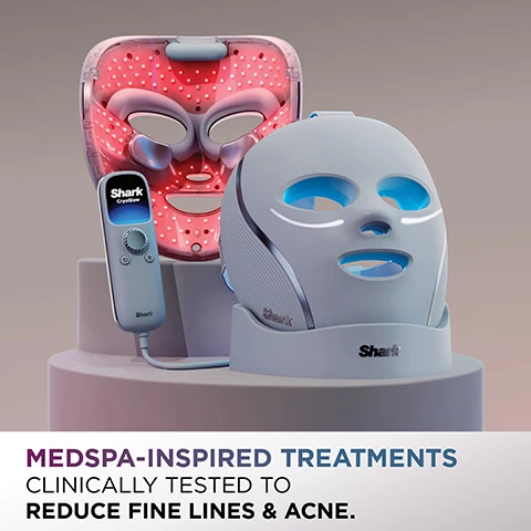 Image 1 - Two skincare facial masks are shown on platforms: a light grey mask with blue lights around the eyes and mouth sits on a base labeled Shark and is connected to a remote control displaying Shark CryoGlow, while the other mask is open in a clear case glowing with red lights, with text at the bottom of the image reading MEDSPA-INSPIRED TREATMENTS CLINICALLY TESTED TO REDUCE FINE LINES & ACNE. Image 10 - A man and a woman stand back to back, both looking forward, with the woman holding a white LED face mask; an inset circle shows a man wearing the mask; below, the text states COMFORT FIT FOR ALL FACE SHAPES & SIZES Fully adjustable for a personalized fit. Image 2 - A womans face and shoulder are bathed in red light next to a black Shark brand facial mask emitting red light, with a remote control showing Better Aging and a circle indicating 6 MIN; the image text reads: Results from 12-week clinical study with 60 subjects and 1x/day use in Better Aging treatment mode. Individual results may vary. REDUCE FINE LINES IN 8 WEEKS Better Aging treatment: Red + Infrared Light. Image 3 - A woman with short hair, illuminated by blue light, looks towards a dark blue facial LED mask with glowing blue and white lights and the brand SmartFX visible on its side, next to a light gray remote control displaying Skin Clearing 8 mins and a circular icon indicating 8 MIN, with accompanying text that reads REDUCE ACNE IN 4 WEEKS** Skin Clearing Treatment: Blue, Red + Infrared Light and **Results from 12-week clinical study with 59 subjects and 5x/day use in Skin Clearing treatment mode. Individual results may vary. Image 4 - A persons face is illuminated with pink light next to a dark LED face mask glowing pink, with a light gray remote control in the bottom right, and visible text includes MAINTAIN BRIGHT, GLOWING SKIN, Skin Sustain Treatment: Red, Infrared + Blue Light, Use after completing an 8-week cycle of Better Aging or Skin Clearing, 4 MIN in a circular graphic, and Skin Sustain 4 MIN on the remote screen. Image 5 - Close-up of a mans face with blue glowing patterns under his eyes, next to an eye mask device and a remote control, with text that reads VISIBLY TIGHTEN UNDER EYES IN MINUTES, Under-Eye Revive Treatment, 3 adjustable chill levels to refresh under eyes in one use, and 5-15 MIN. Image 6 - An illustration displays different light wavelengths penetrating layers of skin: Blue Light (415nm) Helps kill acne-causing bacteria where it lives. Red Light (630nm) Helps reduce the appearance of lines & wrinkles. Deep Infrared (830nm) Stimulates collagen production and helps reduce lines & wrinkles. Below the illustration is text reading: iQLED TECHNOLOGY Dermatologist-optimized treatments of red, blue & deep infrared light with interlocking tri-wick LEDs for complete coverage. Image 7 - A before and after comparison shows a persons skin near their mouth, with the left side labeled Before unretouched depicting prominent wrinkles, and the right side labeled After 8 weeks unretouched showing visibly reduced fine lines, alongside text promoting Better Aging Treatment and stating CLINICALLY TESTED TO REDUCE FINE LINES & FIRM SKIN IN 8 WEEKS, with a small disclaimer reading *Results from 12-week clinical study with 60 subjects and 1x/day use in Better Aging treatment mode. Individual results may vary. Image 8 - A split image shows a persons forehead with acne Before unretouched and with significantly fewer blemishes After 4 weeks unretouched, accompanied by text Skin Clearing Treatment CLINICALLY TESTED TO REDUCE ACNE, BREAKOUTS & EVEN COMPLEXION, and a disclaimer *Results from 12-week clinical study with 59 subjects and 1x/day use in Skin Clearing treatment mode. Individual results may vary. Image 9 - A diverse group of seven bare-shouldered individuals of various ages and skin tones looking at the camera, with text that reads: DEVELOPED WITH DERMATOLOGISTS • FDA CLEARED BACKED BY CLINICAL TESTING DRY • OILY • NORMAL • COMBINATION • SENSITIVE.