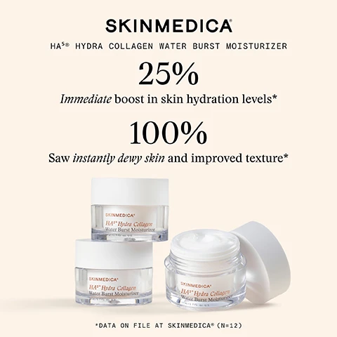 Image 4 - Image features three clear jars of SkinMedica HA⁵ Hydra Collagen Water Burst Moisturizer with white lids, one open to reveal the white cream, alongside text that says SKINMEDICA® HA⁵® HYDRA COLLAGEN WATER BURST MOISTURIZER, 25% Immediate boost in skin hydration levels*, 100% Saw instantly dewy skin and improved texture*, and *DATA ON FILE AT SKINMEDICA® (N=12), with each jar label also showing 50 ml/1.7 fl. oz. U.S. Image 5 - A smiling woman with dewy skin holds a jar of SkinMedica HA5 Hydra Collagen Water Burst Moisturizer, next to text that reads SKINMEDICA®, BOUNCE BACK FROM DRY SKIN, Instantly improves dry skin by 89%*, 5 forms of hyaluronic acid + vegan Hydra Collagen, Prebiotics to support the skins barrier, Leaves skin feeling bouncy, dewy, & soft, Locks in hydration for 24 hours, *DATA ON FILE AT SKINMEDICA®, and the jar label also says SKINMEDICA® HA5® Hydra Collagen Water Burst Moisturizer 50 ml / 1.7 fl. oz. U. S. Image 6 - A hand holds an open jar of moisturizer while another hand scoops out cream with an applicator, with text reading SKINMEDICA® Hydrates skin, then locks it in, HA⁵® Hydra Collagen Complex, 5 forms of hyaluronic acid and hydra collagen to deliver moisture instantly, Microbiome Barrier Complex, An advanced nutrient system with prebiotics to nourish the skin barrier to minimize moisture loss, and on the jar, SKINMEDICA® HA⁵® Hydra Collagen Water Burst Moisturizer 1.7 fl. oz. U.S. Image 7 - A white jar of Skinmedica HA5 Hydra Collagen Water Burst Moisturizer, 50 ml / 1.7 fl. oz., is shown partially submerged in splashing water, accompanied by text that reads: SKINMEDICA®, New HA⁵® Hydra Collagen Water Burst Moisturizer, Hydration That Lasts, Instantly boosts skin hydration levels by 25%*, Delivers 24-hour moisture for bouncy, dewy skin, Barrier-First Skincare, Supports a healthy microbiome, Locks in hydration + defends against moisture loss, and *DATA ON FILE AT SKINMEDICA®. Image 8 - A split image shows a womans face before and after using a product, with the left side labeled BASELINE depicting skin with fine lines and an even tone, and the right side labeled IMMEDIATELY POST-APPLICATION showing the same skin looking visibly more dewy and hydrated, above the text SKINMEDICA®, Dewy and Glowy Results Immediately After Use, NEW HA⁵® HYDRA COLLAGEN WATER BURST MOISTURIZER, Female, age 49, Fitzpatrick Skin Type II. Unretouched photos, taken in standard lighting. Individual results may vary. *DATA ON FILE AT SKINMEDICA®. Image 9 - A before and after comparison shows a females face with eyes closed, her skin appearing normal on the left (baseline) and visibly dewy and glowy on the right (immediately post-application), with text SKINMEDICA Dewy and Glowy Results Immediately After Use NEW HA⁵® HYDRA COLLAGEN WATER BURST MOISTURIZER BASELINE IMMEDIATELY POST-APPLICATION Female, age 22, Fitzpatrick Skin Type III. Unretouched photos, taken in standard lighting. Individual results may vary. *DATA ON FILE AT SKINMEDICA®. Image 10 - A before and after comparison shows the right side of a womans face; the left image displays dry skin, while the right image shows the same skin appearing dewy and hydrated immediately after product application, with visible text SKINMEDICA Dewy and Glowy Results Immediately After Use NEW HA5® HYDRA COLLAGEN WATER BURST MOISTURIZER BASELINE IMMEDIATELY POST-APPLICATION Female, age 45, Fitzpatrick Skin Type IV. Unretouched photos, taken in standard lighting. Individual results may vary. *DATA ON FILE AT SKINMEDICA®. Image 11 - Before and after comparison of a womans face showing duller, less hydrated skin on the left (baseline) and dewier, glowy, more hydrated skin on the right (immediately post-application) with text that reads: SKINMEDICA Dewy and Glowy Results Immediately After Use NEW HA⁵® HYDRA COLLAGEN WATER BURST MOISTURIZER BASELINE IMMEDIATELY POST-APPLICATION Female, age 48, Fitzpatrick Skin Type II. Unretouched photos, taken in standard lighting. Individual results may vary. *DATA ON FILE AT SKINMEDICA®.