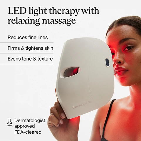 Image 1 - A woman holds a white LED light therapy mask to her face, emitting a red glow, with text reading LED light therapy with relaxing massage, Reduces fine lines, Firms & tightens skin, Evens tone & texture, TheraFace Mask Glo, Dermatologist approved, FDA-cleared. Image 2 - A woman with clear skin is shown above three circular icons, each featuring a light therapy mask in red, pink, and blue, corresponding to the text Visibly healthier-looking skin in just 8 weeks*, Red Light Reduces fine lines, wrinkles and dark spots, Red + Infrared Light Firms skin and stimulates collagen production, and Blue Light Fights acne and acne-causing bacteria, with an asterisk noting results from a 12-week clinical study with 31 subjects and 1x/day use of pre-programmed 9-minute treatment using expert clinical grading, perception surveys, and image analysis, and directing to therabody.com/science for more information. Image 3 - A woman smiles with her eyes closed as she receives a red LED light facial treatment from a device covering her upper face, with the text 504 medical-grade LEDs provide even, full-face coverage visible above. Image 4 - A person with dark hair lies in bed wearing a white LED face mask emitting red light, with overlaid text that reads: Lightweight, cordless design for hands-free use; Comfortably multi-task—no cords or remotes required; Protective eye shields let you safely keep your eyes open during use; Adjustable straps for a secure, custom fit; TheraFace Skin LED. Image 5 - Two panels feature womens faces under red and blue light, with text 4 treatment modes you can tailor to your skins ever-changing needs, Preset mode: Cycles through 12 minutes of Red, Red + Infrared & Blue light therapy to maximize benefits, and Custom mode: Choose from individual 4 min Red, Red + Infrared or Blue light treatment for more personalized results. Image 6 - A person lies down using a white Therabody device that covers their head and emits red light around the neck, with text on the image describing Relaxing scalp massage with VibraWave technology, 3 customizable settings, Relax Low-frequency calm, Refresh High-frequency energy, Relieve Wave-like rhythm. Image 7 - Comparison chart showing the TheraFace Mask Glo, a white facial mask with red eye lights, alongside a light blue competitor mask with multicolored lights and a controller, with the text Us TheraFace Mask Glo, # LEDs 504, Treatment time 12 mins, Cordless (indicated by checkmark), Full face coverage (indicated by checkmark), Vibration massage (indicated by checkmark), Weight 514g, vs Them Competitor Mask, # LEDs 480, Treatment time 15 mins, Cordless (indicated by X), Full face coverage (indicated by X), Vibration massage (indicated by X), Weight 784g. Image 8 - A white TheraFace Mask Glo facial mask and a coiled white USB-C charging cable are displayed on a light orange background with the text Whats included, TheraFace Mask Glo, and USB-C charging cable. Image 9 - An infographic on a light orange background displays the text Always backed by science, followed by Therabody medical devices are scientifically validated to deliver the results you need. Below this are checkmark bullet points Clinically-proven technology, FDA-cleared, Dermatologist approved, Developed with experts. At the bottom is the Therabody logo and name.