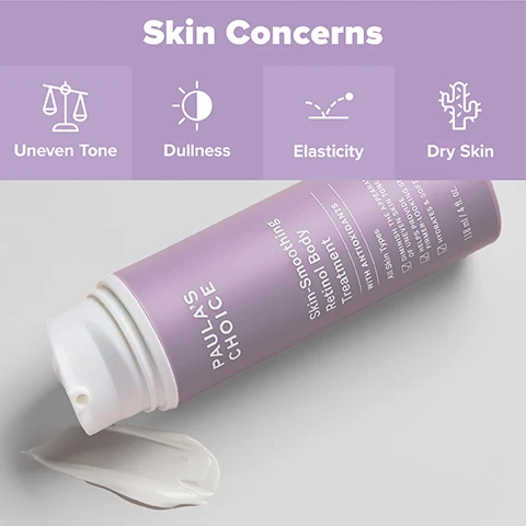 Image 1 - A light purple tube of Paulas Choice Skin-Smoothing Retinol Body Treatment is angled with a dollop of white cream dispensed, set below a banner displaying Skin Concerns: Uneven Tone, Dullness, Elasticity, Dry Skin; the tube text also reads: WITH ANTIOXIDANTS, All skin types, DIMINISH THE APPEARANCE OF UNEVEN SKIN TONE, HELP PROVIDE FIRMER-LOOKING SKIN, HYDRATES & SOFTENS, 118 ml / 4 fl. oz. Image 2 - A purple tube of Paulas Choice Skin-Smoothing Retinol Body Treatment is shown with two swatches of cream on its side, displaying the text: Skin-Smoothing Retinol Body Treatment, Whats Inside, 0.1% Retinol Visibly firms & reduces wrinkles. + Shea Butter Gently softens & hydrates skin. PAULAS CHOICE, Skin-Smoothing Retinol Body Treatment, WITH ANTIOXIDANTS, All Skin Types, Diminish the appearance of uneven skin tone, HELPS PROVIDE, 120 mL / 4 fl. oz. Image 3 - A swirl of white cream is shown against a light background with text that reads Skin-Smoothing Retinol Body Treatment and Rich, non-greasy texture moisturizes dry skin. Image 4 - A hand holds a purple bottle of skincare product next to a persons shoulder, with visible text on the bottle reading PAULAS CHOICE Skin-Smoothing Retinol Body Treatment WITH ANTIOXIDANTS All Skin Types DIMINISH THE APPEARANCE OF UNEVEN SKIN TONE HELPS PROVIDE FIRMER-LOOKING SKIN HYDRATES & SOFTENS 118 ml / 4 fl. oz., and additional text to the right stating Visibly improves skin tone, Firms & smooths skin, Alleviates dry skin. Image 5 - The image displays a purple banner titled Skin Concerns with icons and labels for Dullness, Texture, Breakout-Prone, and Uneven Tone, alongside a Paulas Choice CLINICAL PRO Retinaldehyde Dual-Retinoid Treatment bottle which states High Potency, Gentle Release, All Skin Types, 5 ml / 0.17 fl. oz., surrounded by yellow product smears. Image 6 - A hand dispenses yellow cream from a white bottle onto a finger, with accompanying text: CLINICAL PRO Retinaldehyde Dual-Retinoid Treatment, Whats Inside, Retinaldehyde: Closest to prescription-strength retinoid delivers advanced results with minimal irritation, + Adapinoid®: Oil-soluble retinoid promotes clear skin. Image 7 - A three-panel before and after image sequence shows a persons forehead improving from prominent lines and freckles to significantly smoother skin over 8 weeks, with a product bottle on the right, displaying the text Clinically proven results in 2 weeks with minimal irritation Based on an independent clinical study with 44 subjects after 8 weeks BEFORE AFTER 2 WEEKS AFTER 8 WEEKS PAULAS CHOICE PRO Retinaldehyde Dual-Retinoid Treatment All skin types HIGH POTENCY GENTLE RELEASE 5 mL / 0.17 fl. oz. Image 8 - The image shows a wavy, glossy background split between purple on the left and yellow on the right, with the text CLINICAL PRO Retinaldehyde Dual-Retinoid Treatment, 94% Agree feels gentle on skin, 100% Had improved luminosity & texture⁺, *Based on an independent clinical study with 35 subjects after 3 weeks., and ⁺Based on an independent clinical study with 44 subjects after 8 weeks.