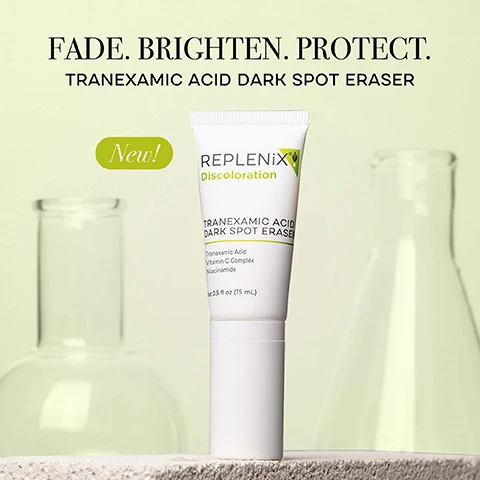 Image 1 - A white Replenix skincare product tube stands on a grey textured surface against a light green background with two blurred glass lab flasks, accompanied by the text: FADE. BRIGHTEN. PROTECT. TRANEXAMIC ACID DARK SPOT ERASER. New! REPLENIX Discoloration TRANEXAMIC ACID DARK SPOT ERASER Tranexamic Acid Vitamin C Complex Niacinamide Net 0.5 fl oz (15 mL). Image 2 - The image shows two white tubes of Replenix skincare product, one standing upright and one lying down with three dispensed product drops, on a light green background, displaying the text New! REPLENiX Discoloration, TRANEXAMIC ACID DARK SPOT ERASER, Tranexamic Acid, Vitamin C Complex, Niacinamide, Net 0.5 fl oz (15 mL), and on the right, MEDICAL-GRADE KEY INGREDIENTS, TRANEXAMIC ACID visibly minimizes appearance of dark spots, NIACINAMIDE reduces visible discoloration, minimizes the appearance of lines and wrinkles, VITAMIN C COMPLEX brightens and evens skin’s complexion, ALPHA ARBUTIN brightens and evens skin’s complexion. Image 3 - A side-by-side comparison image shows dark spots on skin before treatment and after 8 weeks of treatment, with the after image showing noticeably diminished dark spots, accompanied by the text: New! TRANEXAMIC ACID DARK SPOT ERASER before* after 8 weeks* 91% diminished size and intensity of dark spots* *Based on results from an independent 8-week consumer study on 22 subjects using Replenix: Green Tea Soothing Cleanser, Vitamin C Pro Collagen Serum, Tranexamic Acid Dark Spot Eraser, Pigment Correcting Brightening Cream, Hydrating Antioxidant Sunscreen SPF50+. Image 4 - The image displays a Replenix Discoloration four-step skincare routine titled FADE DISCOLORATION, REVEAL RADIANCE DAY + NIGHT, featuring step 1 CLEANSE with Replenix Discoloration Glycolic Acid Resurfacing Cleanser (Medical Grade Ingredients: 10% Glycolic Acid, Vitamins A, C, E, Green Tea, Net 6.7 fl. oz (200 ml)); step 2 SMOOTH for easy-to-use pads that gently exfoliate skin & even tone with Glycolix Elite Replenix Discoloration Glycolic Acid 10% Resurfacing Peel (Medical Grade Ingredients: Glycolic Acid 10%, Vitamins A, C, E); step 3 TARGET for targeted treatment for face, neck, decollete & hands with the New! Replenix Discoloration Tranexamic Acid Dark Spot Eraser (Tranexamic Acid, Vitamin C Complex, Niacinamide, Net 0.5 fl oz (15mL)); and step 4 BRIGHTEN for highly stabilized, time-released Vitamin C with Replenix Discoloration Vitamin C Pro Collagen Serum (Medical Grade Ingredients: 20% Vitamin C Complex, Arbutin, Emblica, Net 1 fl. oz (30 ml)). Image 5 - A woman smiling and holding a white tube of Replenix Discoloration Tranexamic Acid Dark Spot Eraser with visible text stating Tranexamic Acid, Vitamin C Complex, Niacinamide, Net 0.5 fl oz (15 mL), and on the right, Consumer Tested Results After 8 Weeks: 100% visibly brighter complexion, 95% improved appearance of uneven skin tone, 91% diminished size and intensity of dark spots, with a footnote *Based on results from an independent 8-week consumer study on 22 subjects using Replenix: Green Tea Soothing Cleanser, Vitamin C Pro Collagen Serum, Tranexamic Acid Dark Spot Eraser, Pigment Correcting Brightening Cream, Hydrating Antioxidant Sunscreen SPF50+.