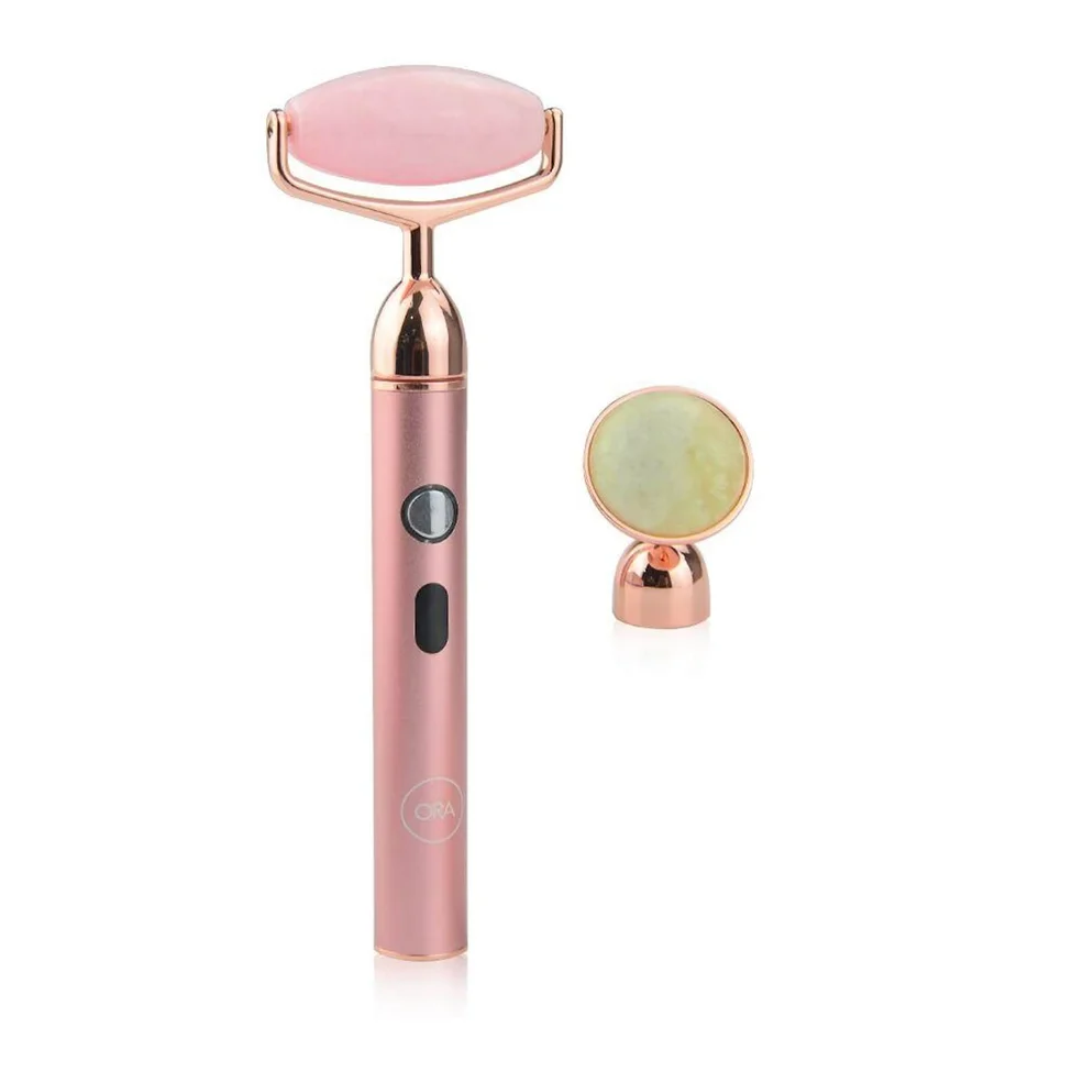 Beauty ORA Electric Crystal/Jade Roller Device - Rose Quartz and Jade - 3 Piece Kit Image 1