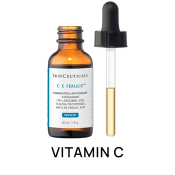 A glass dropper bottle with a Vitamin C serum label representing Vitamin C skincare products.