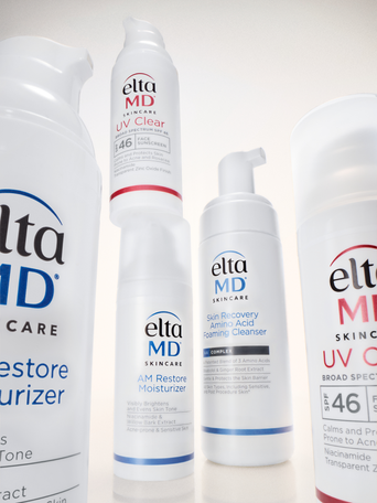 A collection of EltaMD professional skincare products, including their top-rated zinc oxide sunscreens and facial moisturizers for sensitive skin.